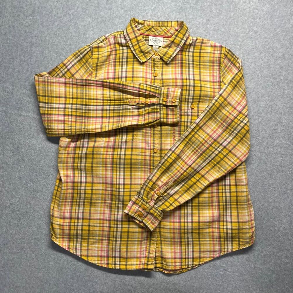 St. John’s Bay Women’s L Yellow Pink Plaid 100% Cotton Button Up Shirt